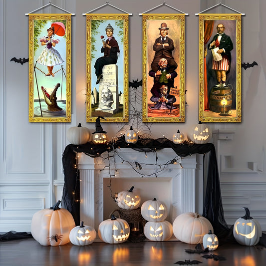 Halloween Decorations Large 4pcs Haunted Mansion Stretching Portraits Vintage Backdrop Decor Outdoor Horror Poster for Indoor Holiday Home Wall Art Hanging Porch Sign Party Banner