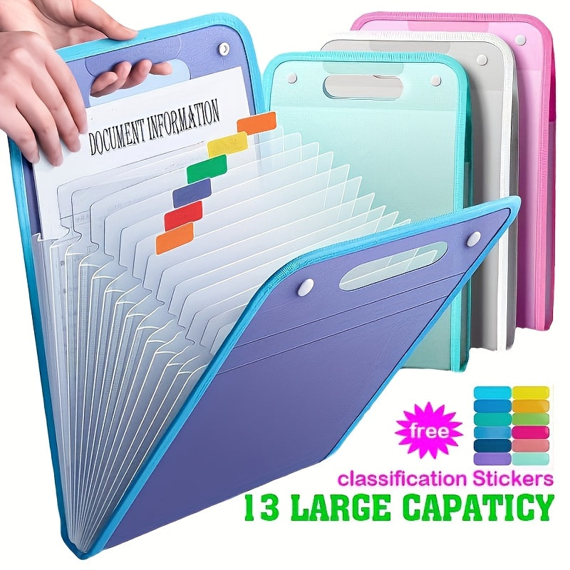 13-Layer A4 Clip Accordion File Folder, Handheld PP Material, Contemporary Style, Student Document Organizer with Free Classification Stickers, Examination Bag