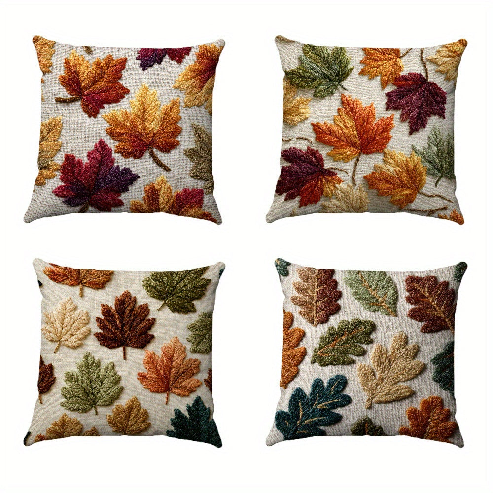 4pcs, Autumn leaf embroidery style (non genuine embroidery) throw pillow cover, living room sofa cushion decoration cushion cover, home decoration square 18x18 inch pillowcase, Suitable for bedrooms, sofas, living rooms.