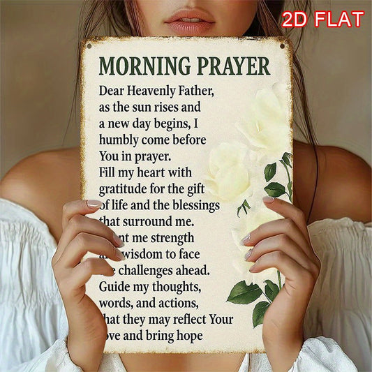 2D Flat, 1pc, 2D flat wall art in retro style iron sign with religious prayer and spiritual healing theme, morning prayer text, 20×30cm (8×12 inches), suitable for living room, bedroom, bathroom, garden, cafe, restaurant, p