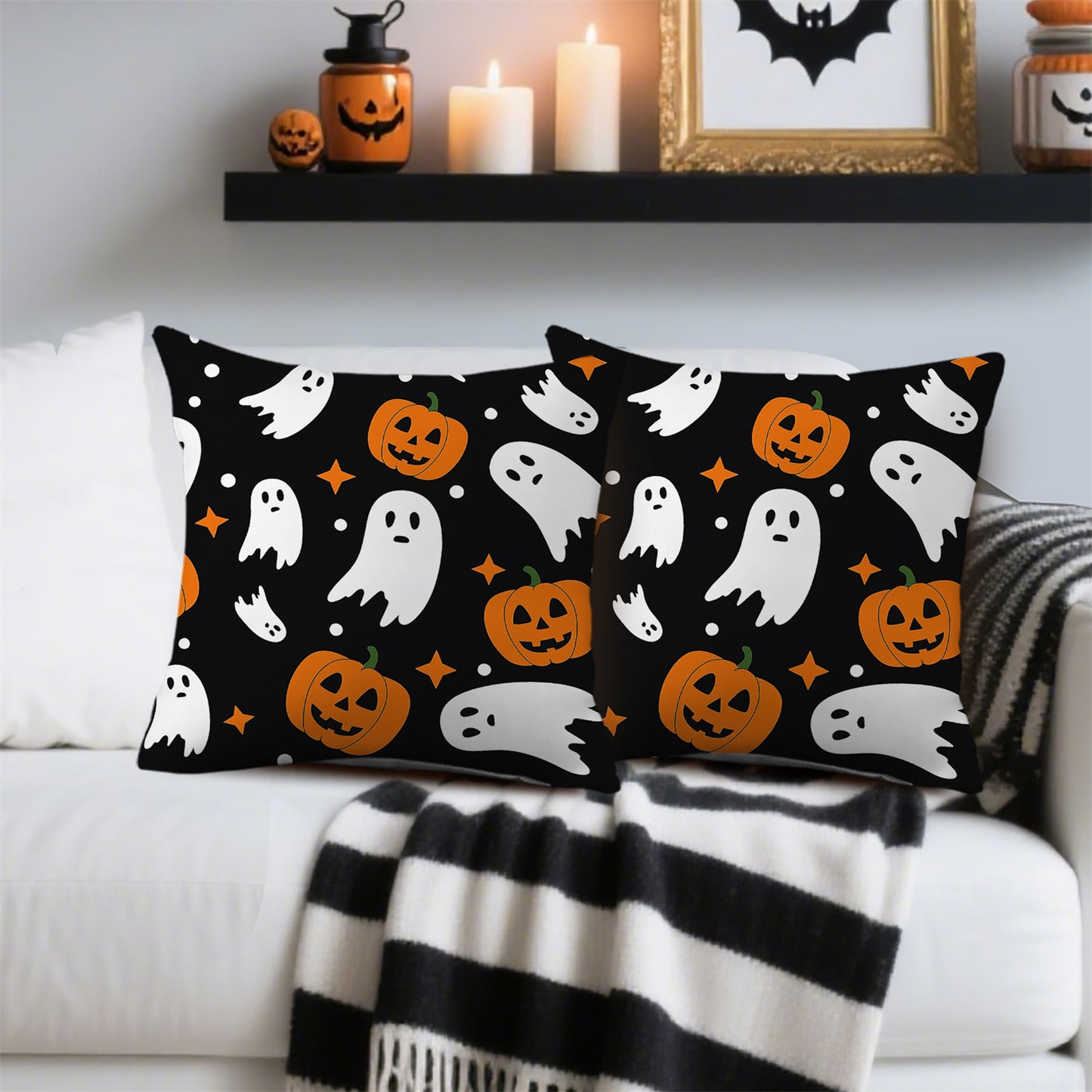 2pcs Halloween Throw Pillow Covers, Contemporary Style, Polyester 100., Zipper Closure, Hand Wash Only, Decorative Cushion Cases for Home, Living Room, Chair, Sofa - Orange Pumpkin & White Polka Dot Design, Halloween Decorati
