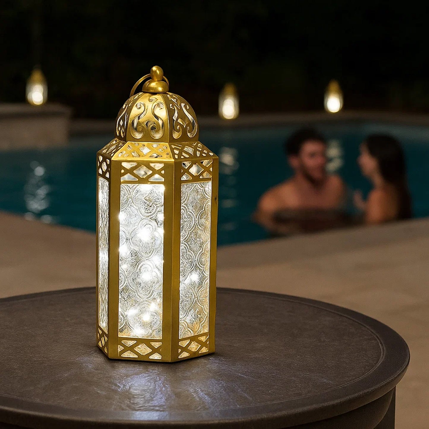 Stunning Ambient Lighting Safe and Stylish Glass Metal Moroccan Candle Lantern Holder Lamp with Battery-Operated LED Lights plus Remote Control – Handcrafted Lantern with Intricate Design and Embossed Glass, Indoor Home Dec