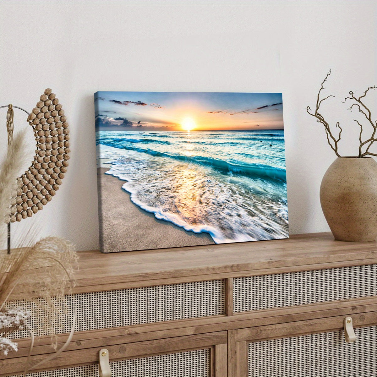 1pc Sunset by the Sea Canvas Art Print with Wooden Frame - Vibrant Ocean Sunset Wall Decor for Living Room, Bedroom, Kitchen, or Bar - Waterproof, High-Quality Ink on Canvas, Perfect for Modern Home Decoration, Beach Theme De