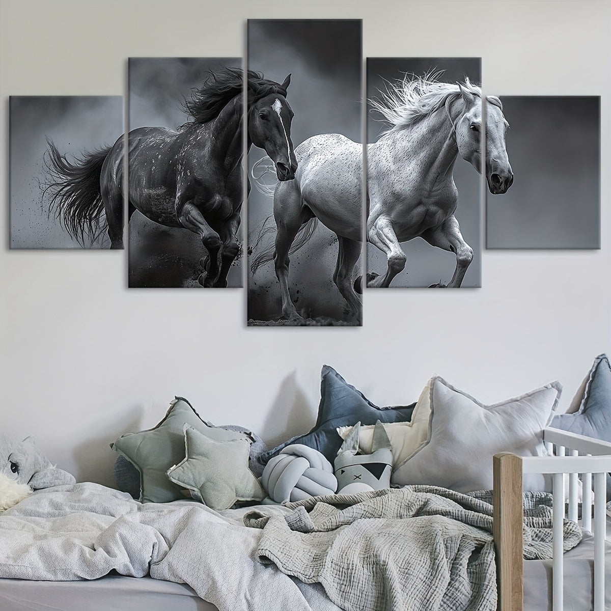 2D Flat 5pcs Frame Animal A Galloping Horse Canvas Poster, Five Panel Scene Art, Modular Picture, Print Painting, Modern Art, Ideal Decor for Bedroom Room Kitchen Dorm, Wall Decoration, Gift for Family Friends, Murals, Waterp