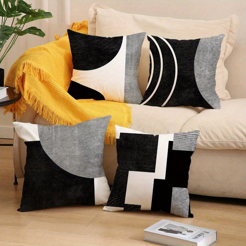 4-Pack Black & White Geometric Print Pillow Covers - Mid-Century Modern Abstract Design, Zipper Closure, Machine Washable Decorative Cushion Covers for Sofa, Bedroom, Living Room - Mother's Day & Father's Day Gift (No Insert