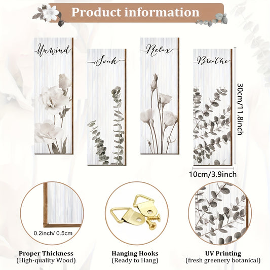 [4pcs Wooden Bathroom Decor] 4pcs Wooden Bohemian Plant Bathroom Wall Decor | Relax Soak and Breathe Bathroom Wall Wood Sign, Minimalist Floral Bathroom Wall Art Home Bathroom Washroom Laundry Room Wall Decoration