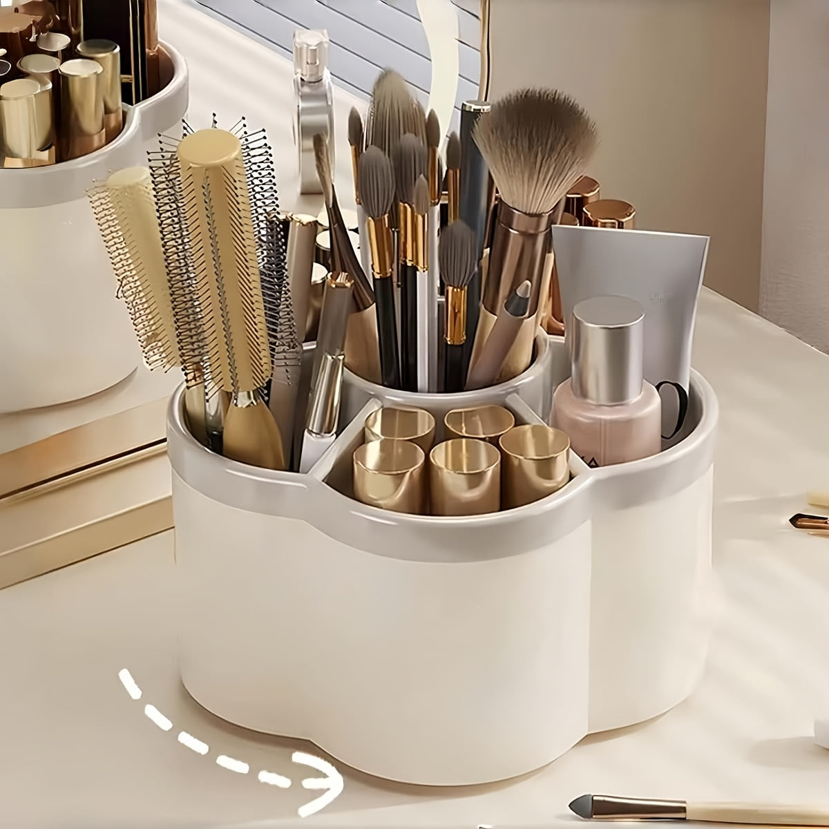 [Durable Desktop Organizer] 1pc 360-Degree Rotating Durable Plastic Desktop Organizer with 6 Compartments | Multi-Purpose Storage for Office Supplies, Makeup Brushes, Pens, Cosmetics & Stationery - Space-Saving Desk Organizer