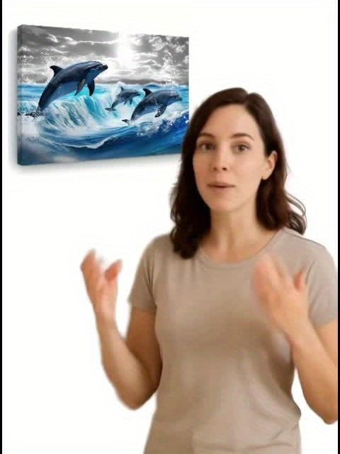 1pc Dolphin Leap Ocean Canvas Wall Art, Wooden Framed Seascape Print for Living Room, Bedroom, Kitchen - Home & Office Decor, Unique Gift for Any Occasion, 11.8x15.7 inches