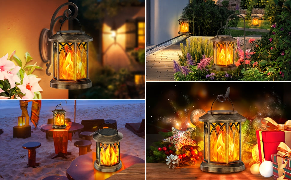 2pcs Solar Lantern Lights Outdoor, Upgraded Flickering Flame Effect,, Hanging Solar Powered Lanterns for Yard and Garden Decor, Black and Bronze, Outdoor Lights
