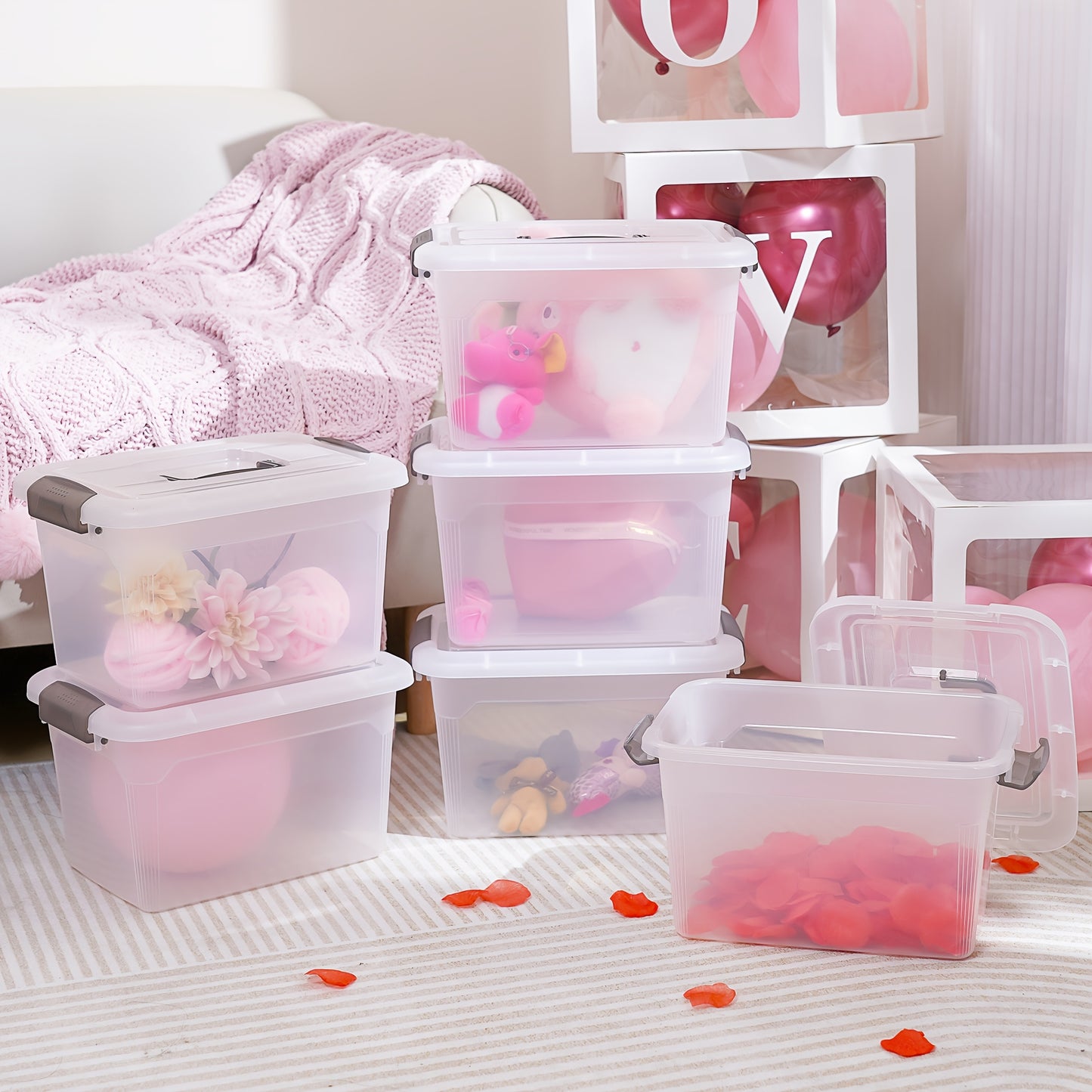 6pcs Transparent Plastic Storage Box, Stackable Storage Container with Lock Cover And Handle, for Organizing Toys, Books, Beads, Pantry Items, Multi-purpose Home Storage Accessories