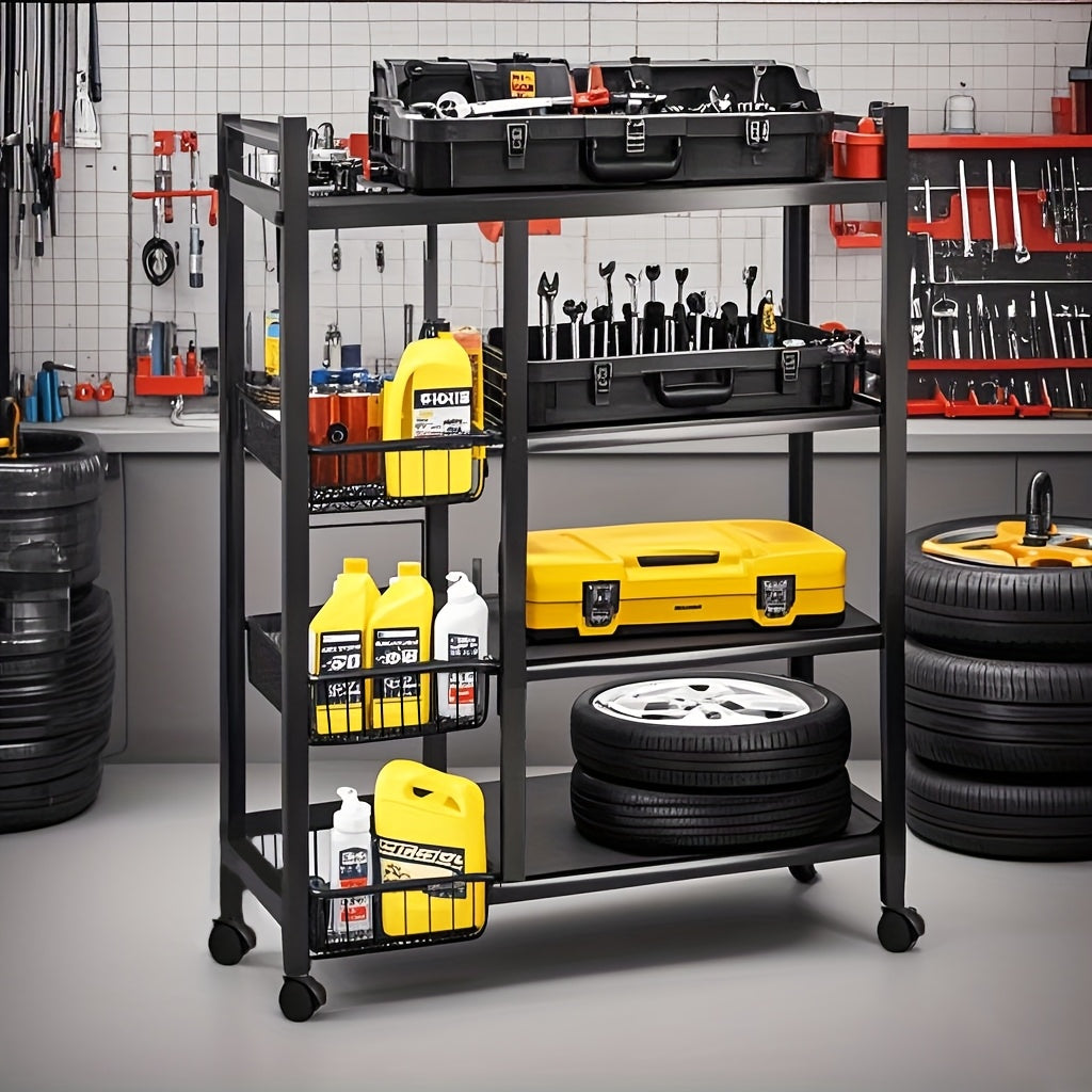 Movable Storage Rack, Adjustable 4-Layer Storage Rack with 3 Wire Baskets