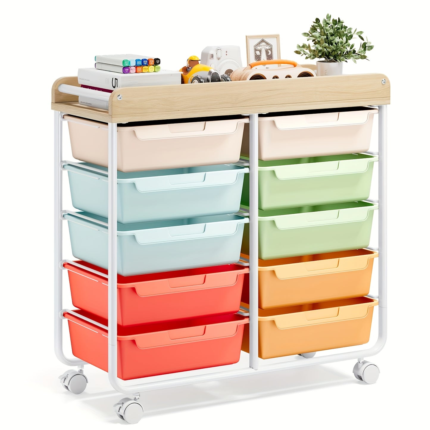 [Versatile Rolling Storage Cart] TOOLF 10-Tier Rolling Storage Cart with Large Drawers & Tabletop - Multi-Purpose Mobile Organizer for Home, Office, Classroom - Easy-to-Move Wheels, 3.2+ Cubic Feet Capacity, 27" Height, Metal
