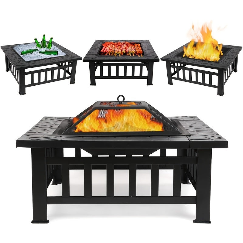 32-inch 3-in-1 Square Fire Pit Table with BBQ Grill - Heavy-Duty Rust-Proof Steel Outdoor Firepit, Includes Rain Cover & Fire Poker, Portable Camping & Backyard Essential for Patio, Garden, Thanksgiving & Christmas Gatherings