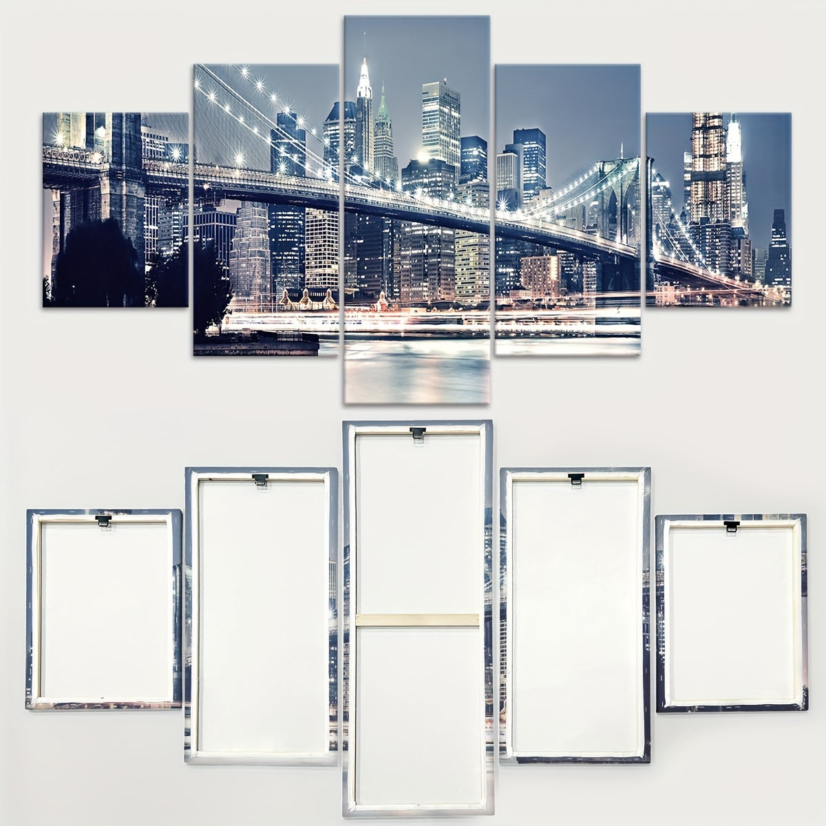 2D Flat, [2D FLAT] 5pcs Frame Urban Riverside Bridge Canvas Poster, Five Panel Scene Art, Modular Picture, Print Painting, Modern Art, Ideal Decor for Bedroom Living Room Kitchen Dorm, Wall Decoration, Gift for Family Friends