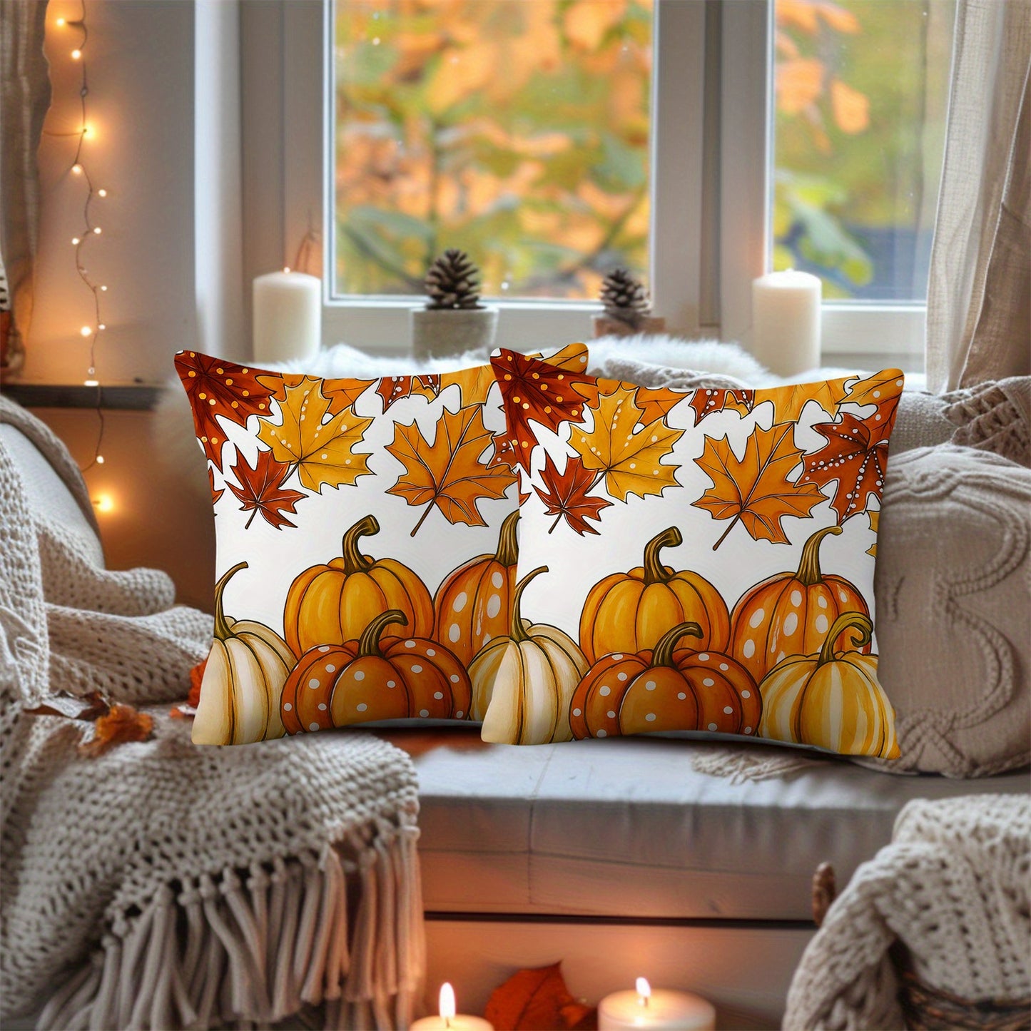 2pcs White Polka Dot Pumpkin Throw Pillow Covers Red Yellow Eucalyptus Leaves Cushion Case Fall Thanksgiving Day Farmhouse Decorations for Sofa Couch Livingroom