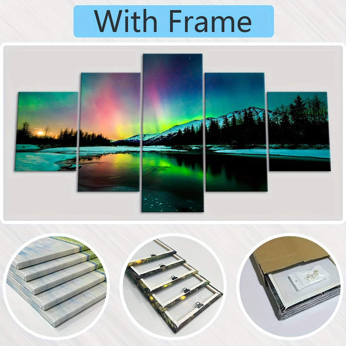 2D Flat, [2D FLAT] 5pcs Frame Romantic Aurora Canvas Poster, Five Panel Scene Art, Modular Landscape Picture, Print Painting, Modern Art, Ideal Decor for Bedroom Living Room Kitchen Dorm, Wall Decoration, Gift for Family Frie