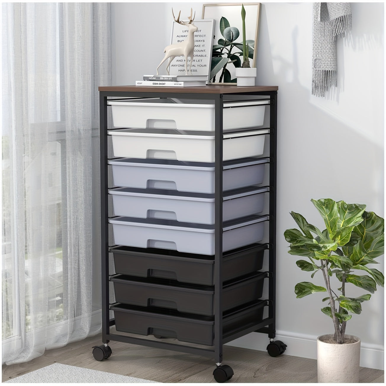 Rolling Storage Cart with Drawers, Utility Cart with 8 Drawers And Tabletop, Rolling Drawer Cart, Storage Drawer Cart for Living Room, Classroom, Bedroom, Bathroom, Dorm, Office, Dark Grey