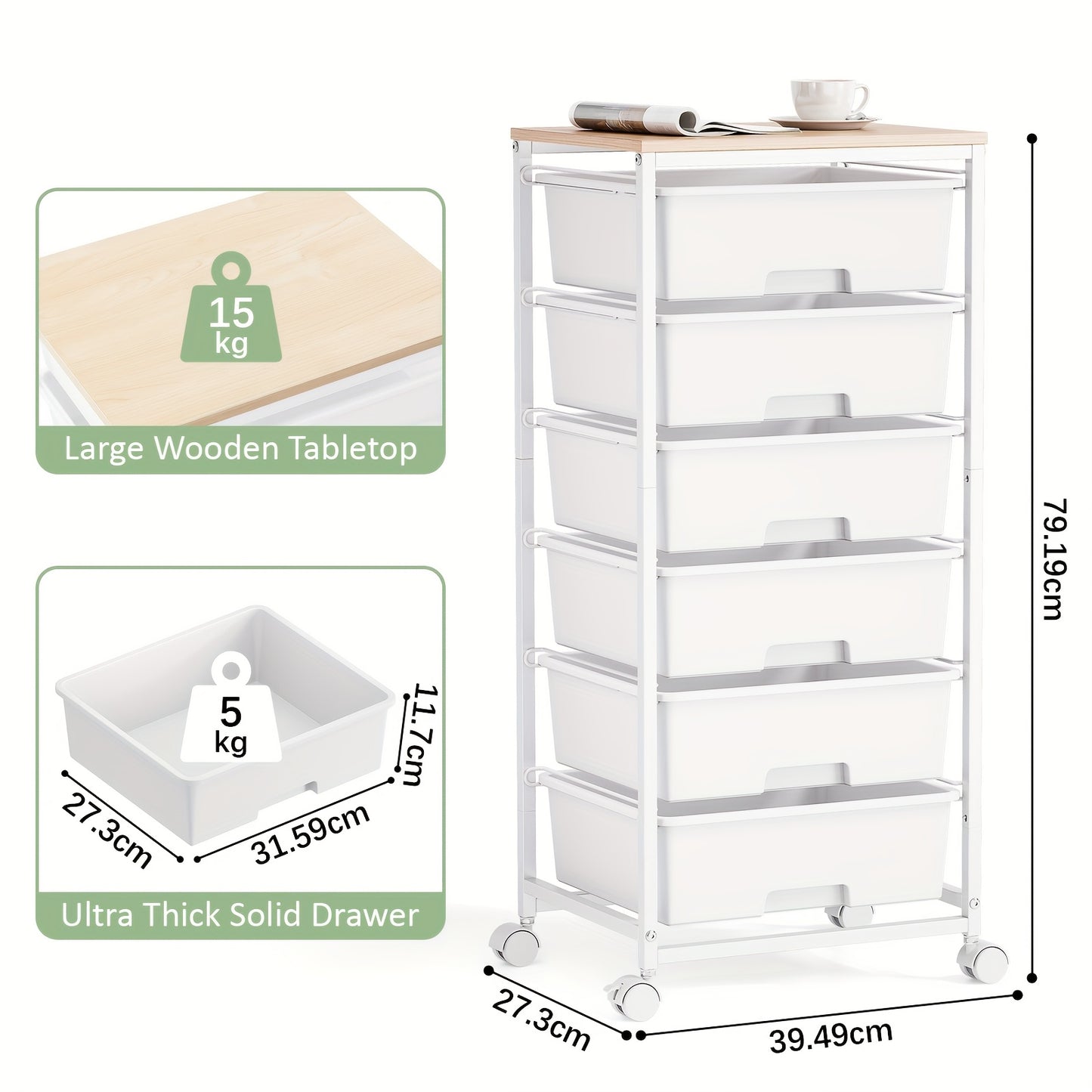 TOOLF Rolling Storage Cart With Drawers, Utility Cart With 6 Drawers And Tabletop, Craft Storage Cart With Lockable Wheels For Bedroom, Office, Classroom, Living Room