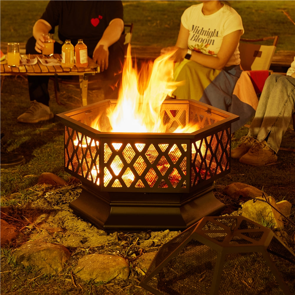 Costoffs Halloween 24in Hex Shaped Fire Pit Bowl with Spark Screen & Poker