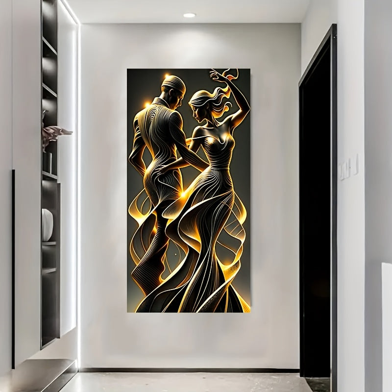 [1pc Abstract Wall Art] Modern Golden Abstract Lovers Wall Art Canvas, 1pc Frameless | 23.62x47.24 inches, No Power Needed, for Bedroom, Living Room, Corridor Decor, Black Love Theme Poster
