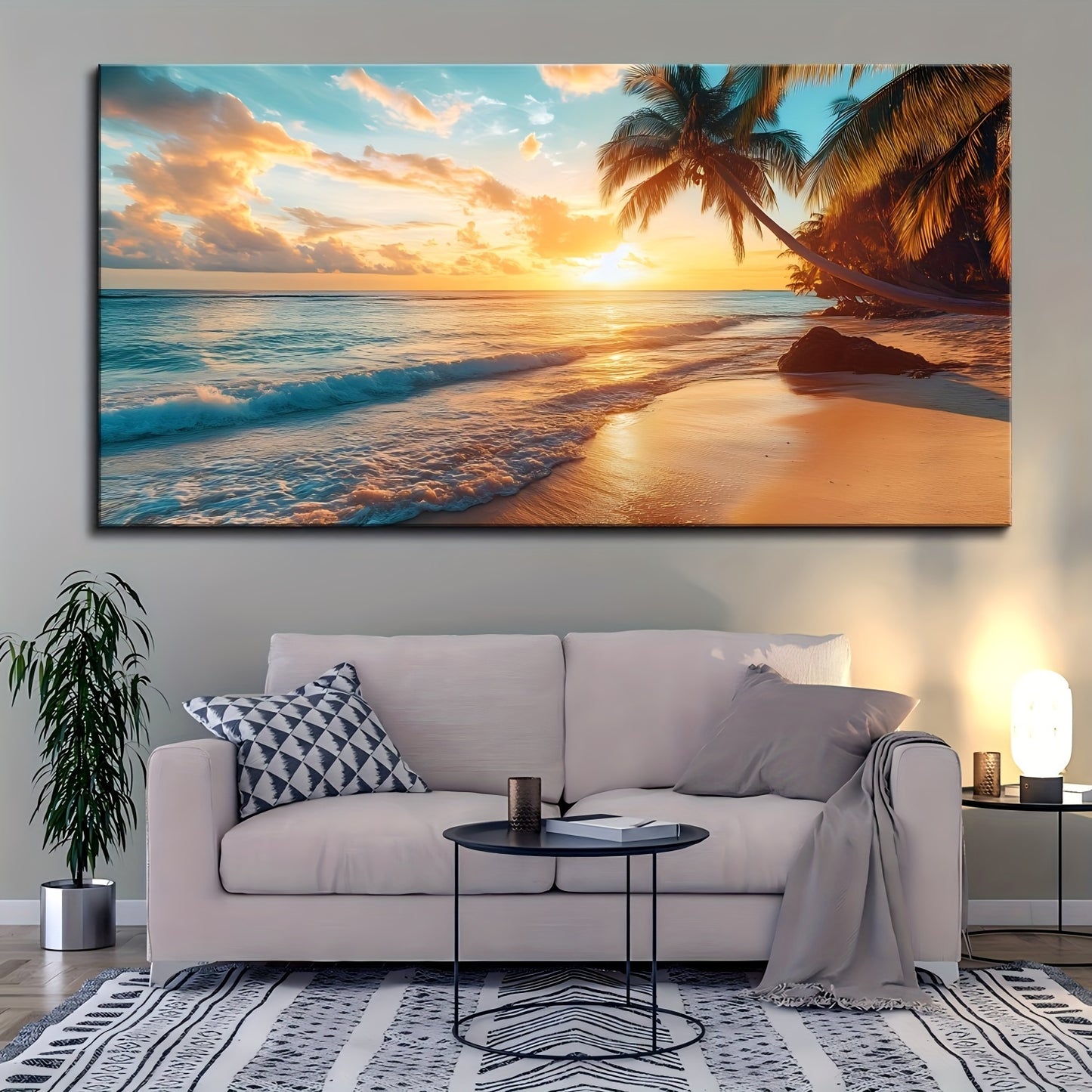1.5-Inch Thick Pine Solid Wood Frame, Natural Scenery Canvas Mural, Ocean Sunset Coastal Scenery Beach Picture Wall Decoration, Sea Poster Sea View Wall Decoration, Modern Relaxing Sunrise Skyline Painting, Suitable for Bathr