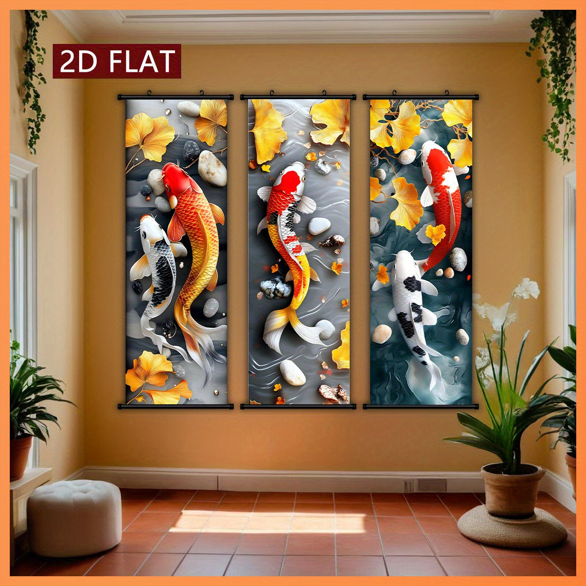 3pcs Chinese Fengshui Ink Koi Carp and Ginkgo Scroll Painting Set, 3D Embossed Craftsmanship, Suitable for Living Room and Study Wall Decoration, New Year Housewarming Gift, Auspicious Attract Wealth Artistic Gift