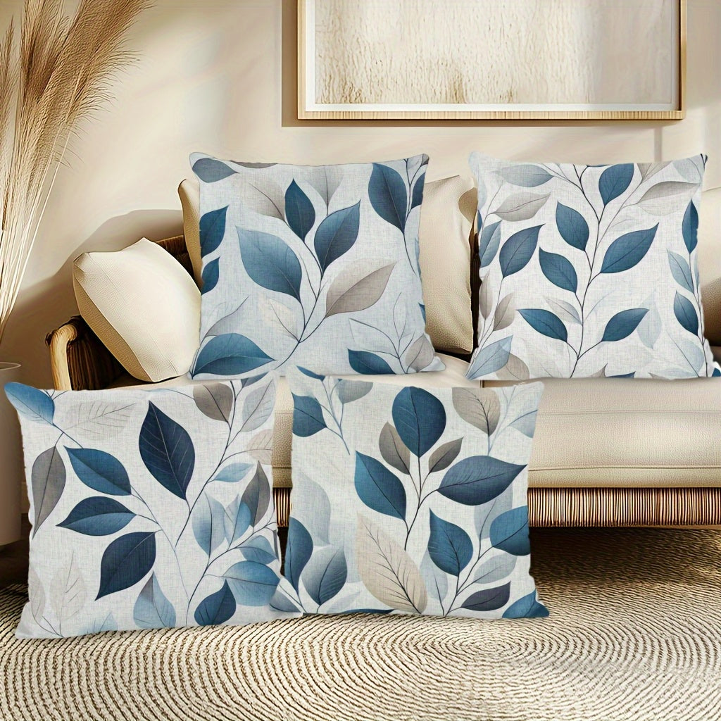 Grey Blue 4 Pack Leaf Theme Decorative Throw Pillow Covers - Double Sided Polyester Printed Pattern Zipper Closure Home Decor for Living Room, Bedroom and Sofa Home Decor (Pillow Inner Not Included)