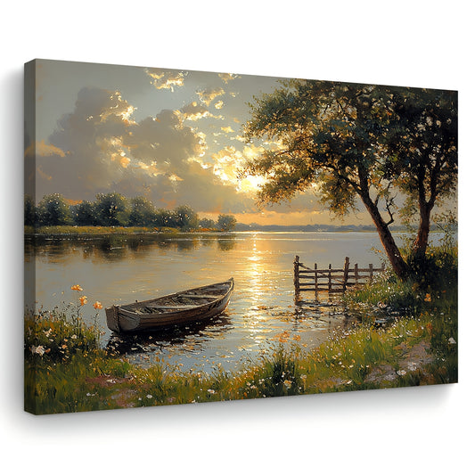 1pc Serene Sunset Lake & Boat Canvas Art Print, 11.8x15.7in - Wooden Framed Wall Decor for Living Room, Bedroom, Kitchen, Office - Tranquil Nature Scene, Ideal Gift, Coastal Home Decor, 2D, Perfect for Room Decor
