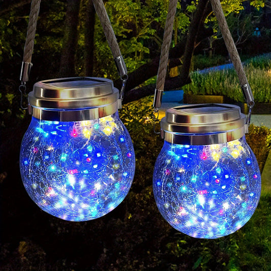 Outdoor Hanging Solar Lights, 2 Pack 30 LED Solar Cracked Glass Ball Lanterns with Handle, Decorative Lights for Garden, Patio, Yard, Christmas, Wedding, Party Decor (Colorful)