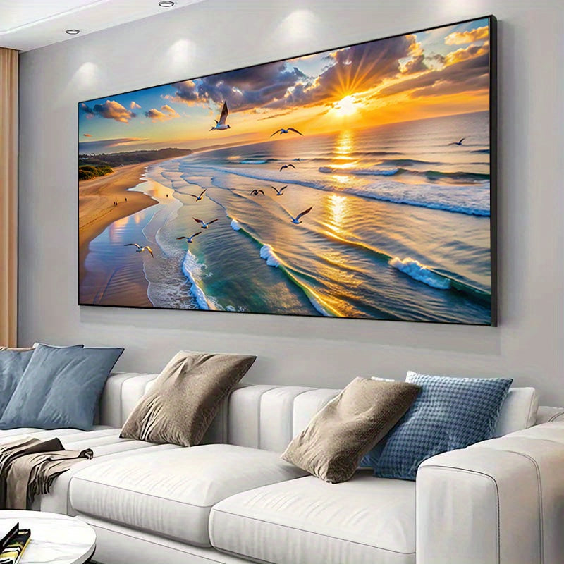 1pc Frameless Modern Beach Sunset Canvas Poster, 27.55x55.11 inches, Waves and Seagulls Wall Art for Bedroom and Living Room Decor, No Frame, Coastal Home Decor