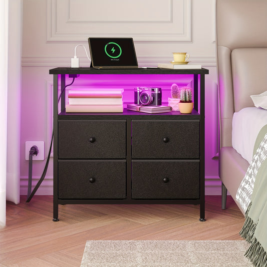 WHONLINE Night Stand with Charge Station, Bedside Table, Nightstand with 4 Drawers Bedside Table, LED Storgae Cabinet with Open Storage Shelf, Side Table for Bedroom Office, School And Dormitory Storage, for Halloween And Chr
