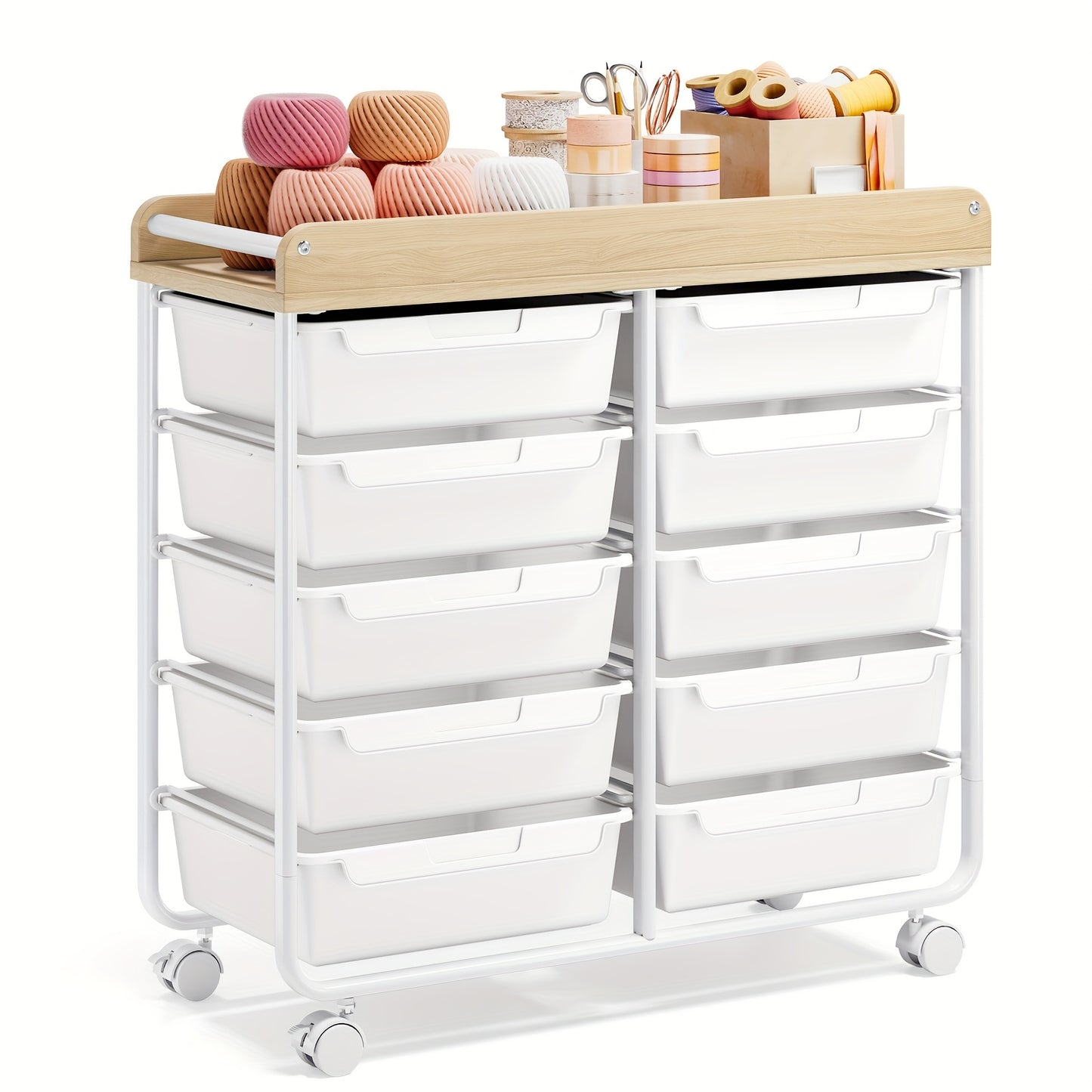 [Versatile Rolling Storage Cart] TOOLF 10-Tier Rolling Storage Cart with Large Drawers & Tabletop - Multi-Purpose Mobile Organizer for Home, Office, Classroom - Easy-to-Move Wheels, 3.2+ Cubic Feet Capacity, 27" Height, Metal