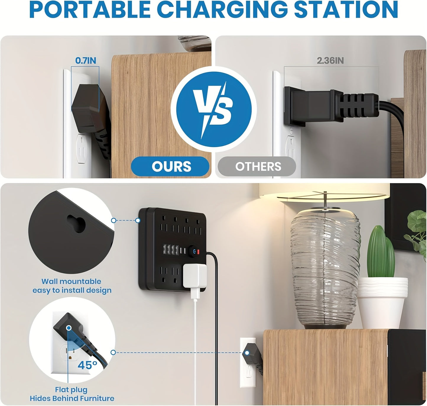 [Black Outlet Surge Protector] 14-in-1 Black Outlet with 8 Receptacles, 4 USB Ports, 2 USB-C Ports, 5/10ft Extension Cord, Flat Plug, Wall Mount, Overload Protection, Power Outlet Surge Protector - Ideal for Home and Office D