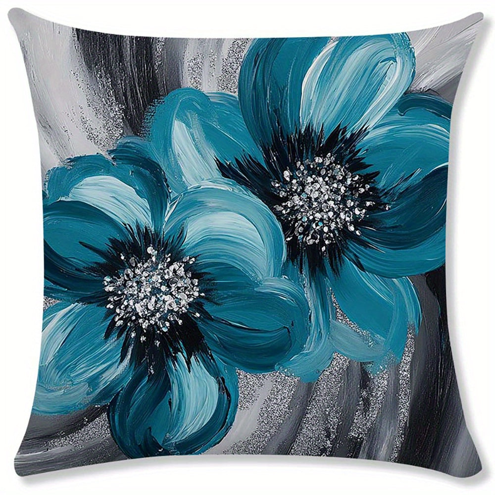 4pcs Large Floral Cushion Covers - Teal Blue & Gray Floral Farmhouse Decor, Zipper Closure Pillow Cases, Machine Washable Polyester Cushion Covers for Living Room, Bedroom, Patio - Modern Home Accents, Farmhouse Pillow Covers