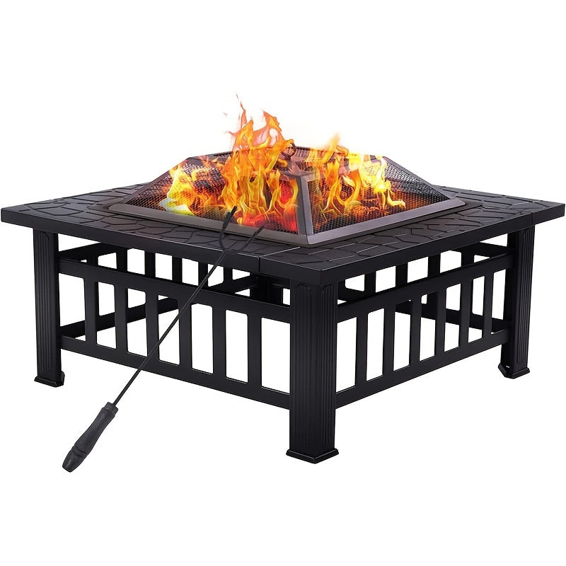 32-inch 3-in-1 Square Fire Pit Table with BBQ Grill - Heavy-Duty Rust-Proof Steel Outdoor Firepit, Includes Rain Cover & Fire Poker, Portable Camping & Backyard Essential for Patio, Garden, Thanksgiving & Christmas Gatherings