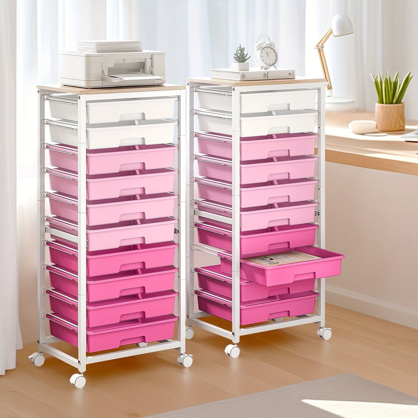 KINGRACK 10-Drawer Heavy-Duty Metal Rolling Storage Cart with Lockable Wheels & Tabletop - White & Pink Mobile Organizer with 10-Tier Drawers, Space-Saving Design for Home, Office, Classroom, Craft Room - Sturdy 4-Wheel Utili