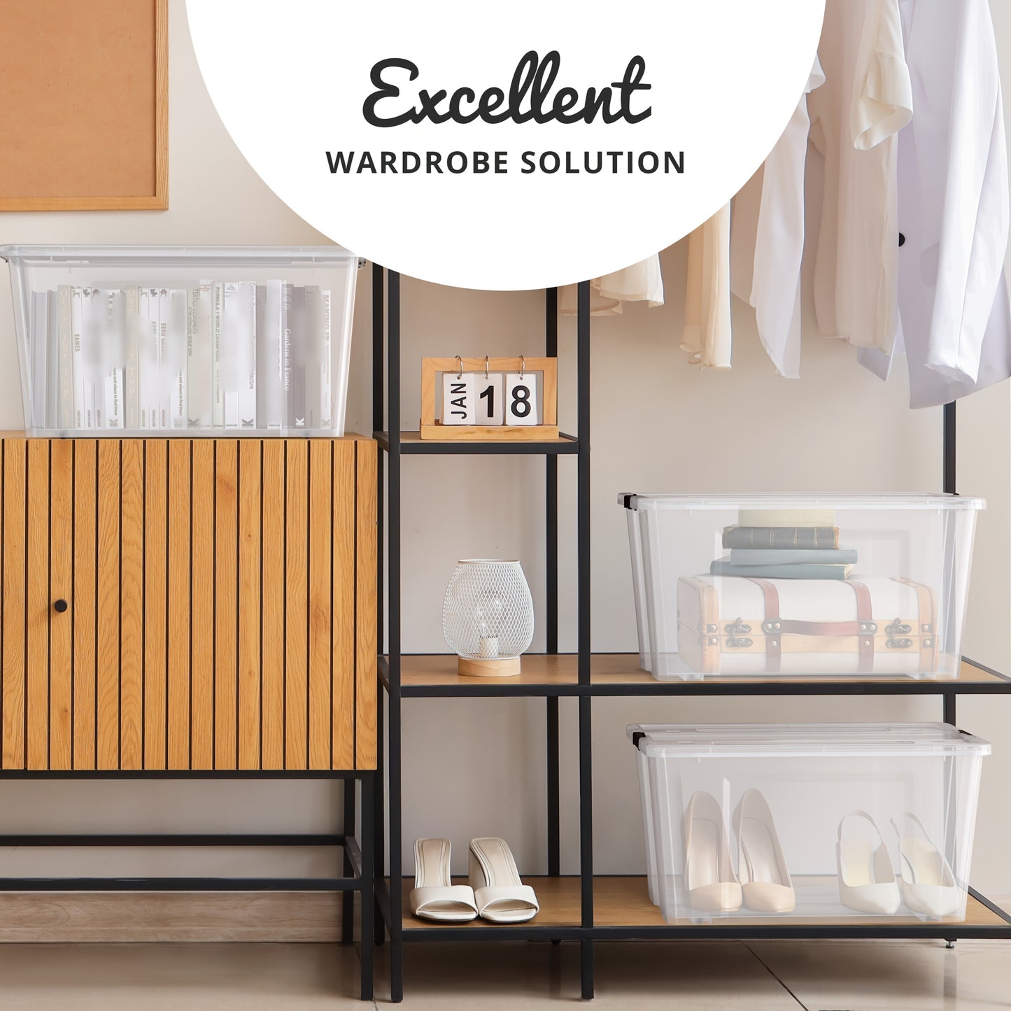 6pcs/set 34QT/54QT/75QT, [Upgraded Version] With Lid Storage Box, Super Durable Lid And Safety Buckle - Super Transparent, Toy Stackable Book, Clothing Storage Container, Closet, Wardrobe, Bedroom, Bathroom, Office Home Plast