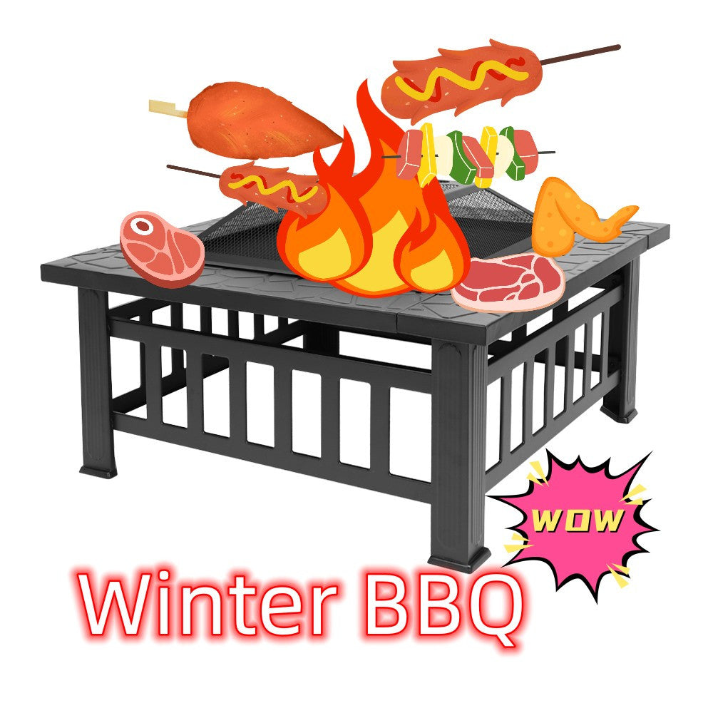 with Safety Net Cover! Imitation Stone Texture Elegant Black Charcoal Wood-burning Fire Pot with Fire Poker + Drainage Hole for Patio Barbecue And Heating. Enjoy Barbecue Parties In Spring, Summer, Autumn And Winter