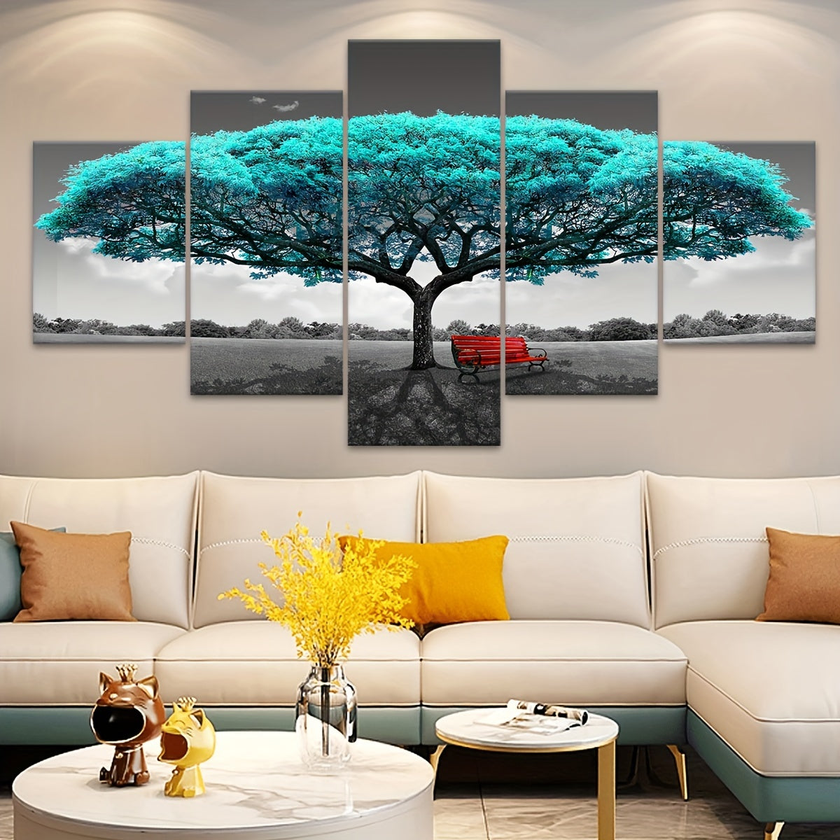 5pcs Frame Green Happiness Tree Canvas Poster, Five Panel Scene Art, Modular Picture, Print Painting, Modern Art, Ideal Decor for Bedroom Living Room Kitchen Dorm, Wall Decoration, Gift for Family Friends, Murals, Waterproof,