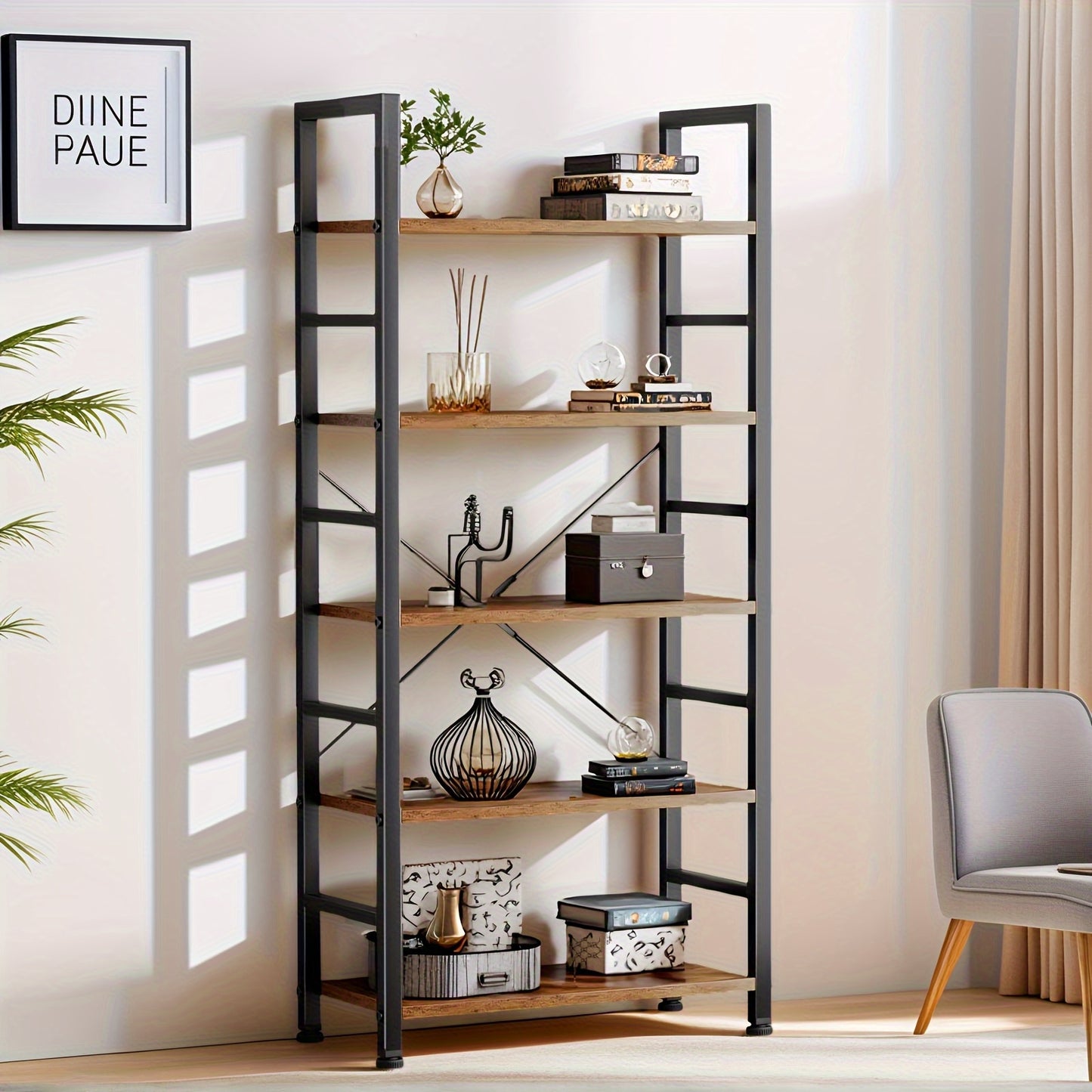 5-Tier Industrial Bookshelf - Heavy-Duty Metal Open Shelving Unit, Space-Saving Vertical Storage Organizer for Living Room, Home Office, Music Studio - Sturdy Bookcase for Books, Decor, Sheet Music - Modern Industrial Decor i
