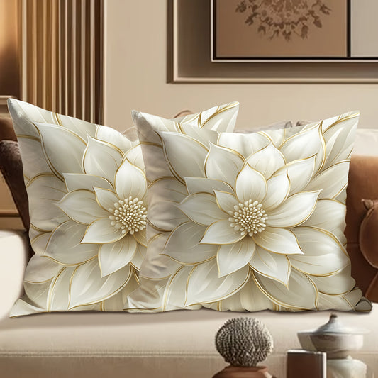 2pcs Elegant Ivory White & Golden Floral Decorative Throw Pillow Covers, One-Sided Print, Zipper Closure, Machine Washable For Living Room, Bedroom, Sofa, Or Bed Decor (No Inserts), Living Room Decor | Contemporary Style | Zi