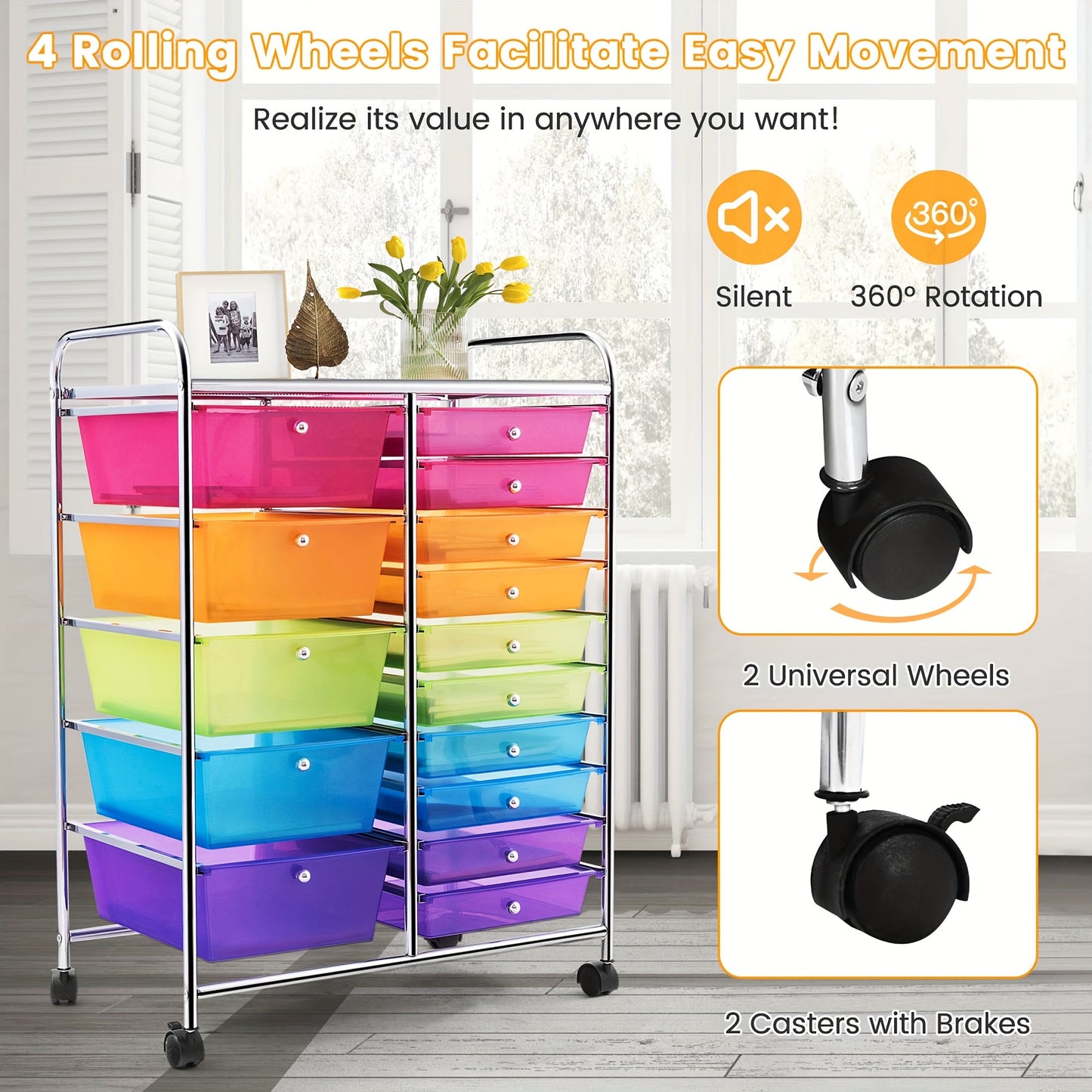Costway 15 Drawer Rolling Storage Cart Tools Scrapbook Paper Office School Organizer