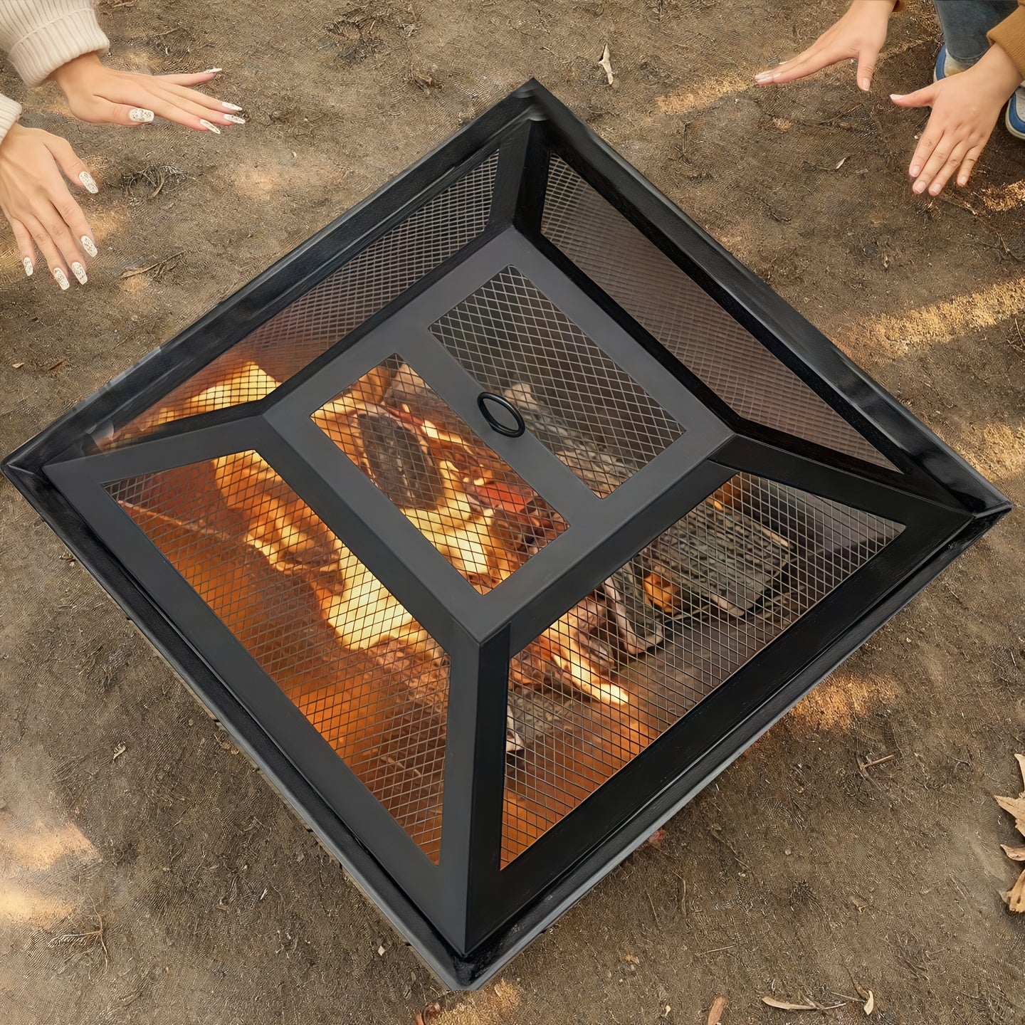18.5-inch Outdoor Fire Pit, Charcoal Fire Grill, Equipped with Charcoal Hook, Fireproof Cover, Portable Barbecue Grill, Firewood Burning for Heating, Suitable for Bonfire, Camping, Multi Person Dinner Parties