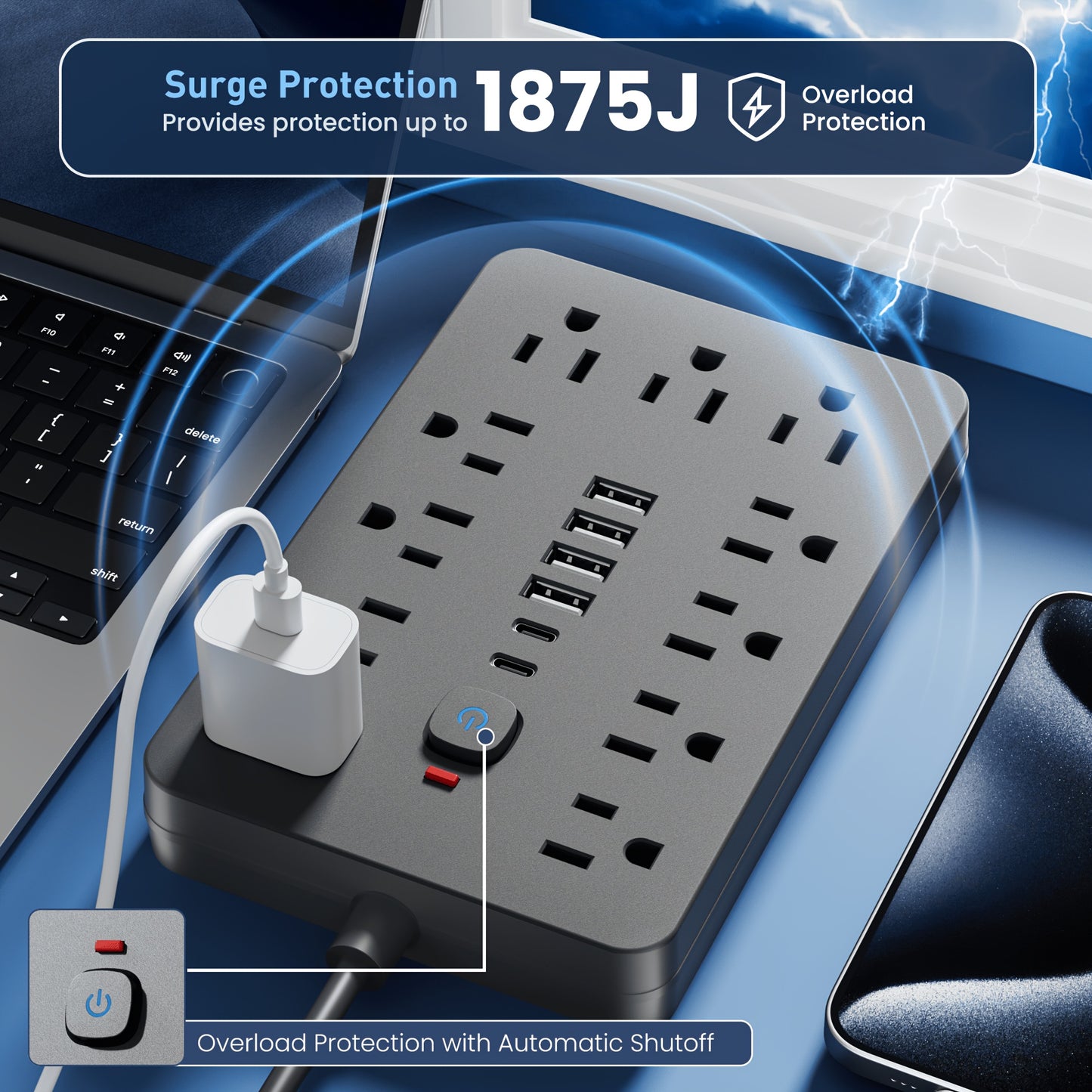 [Power Hub] 1pcWith 11 Individual Power Outlets, 5ft/10ft, 4 USB and 2 USB-C Ports, Flat Plug, Wall Mountable, Overload Protected Power Hub for Home, Office, Awesome Christmas, New Year's and birthday gifts!