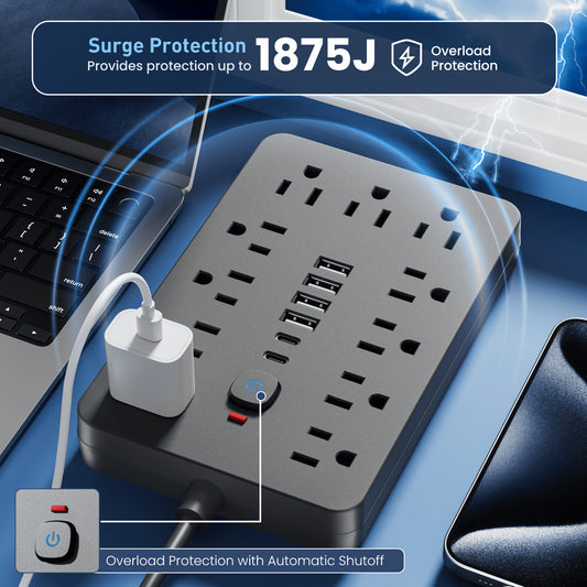 [Power Hub] 1pcWith 11 Individual Power Outlets, 5ft/10ft, 4 USB and 2 USB-C Ports, Flat Plug, Wall Mountable, Overload Protected Power Hub for Home, Office, Awesome Christmas, New Year's and birthday gifts!
