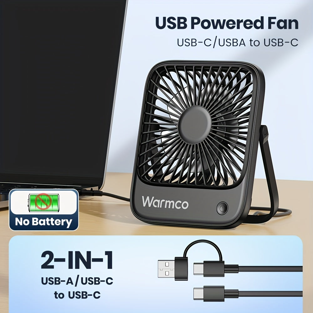 Warmco 2-Pack USB-C Desk Fan - Quiet Operation, 3 Speeds with 180° Tilt & Foldable Design, Strong Airflow Compact Personal Cooling Fan for Office Desk, Home, Workspace (USB-C Powered), Desktop Accessory | Sturdy Construction