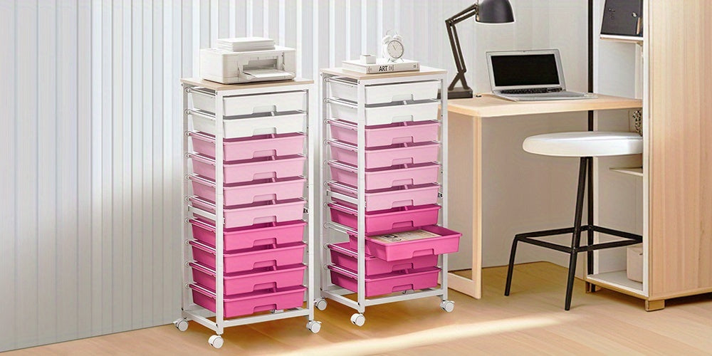 KINGRACK 10-Drawer Heavy-Duty Metal Rolling Storage Cart with Lockable Wheels & Tabletop - White & Pink Mobile Organizer with 10-Tier Drawers, Space-Saving Design for Home, Office, Classroom, Craft Room - Sturdy 4-Wheel Utili