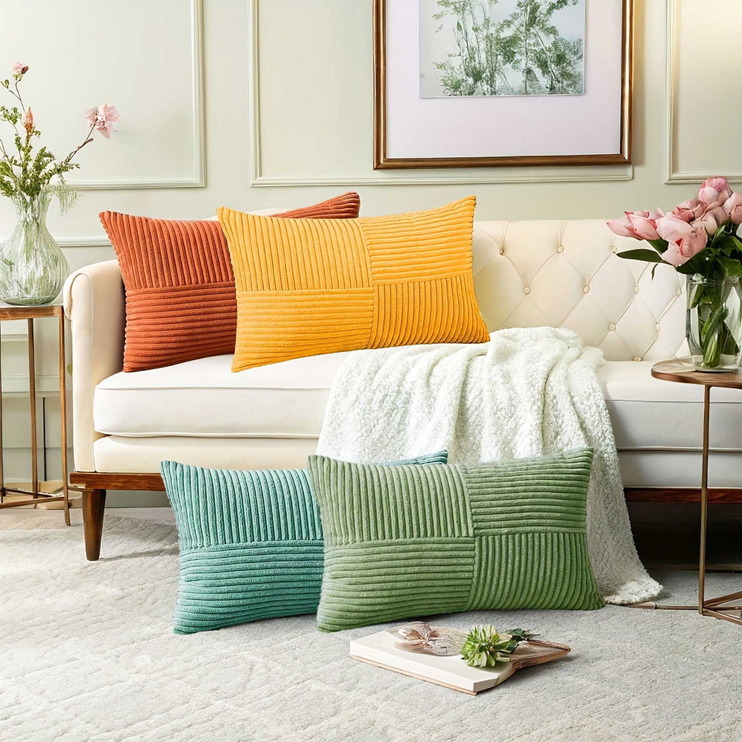 [Bohemian Pillow Covers] 4pcs Bohemian Style Patchwork Throw Pillow Covers | Soft Corduroy, Gradient Textured, Zip Closure, Polyester Fiber, 12in*20in, 18in*18in, Green, Orange, Teal, Yellow, Hand Wash Only, Farmhouse Aesthet