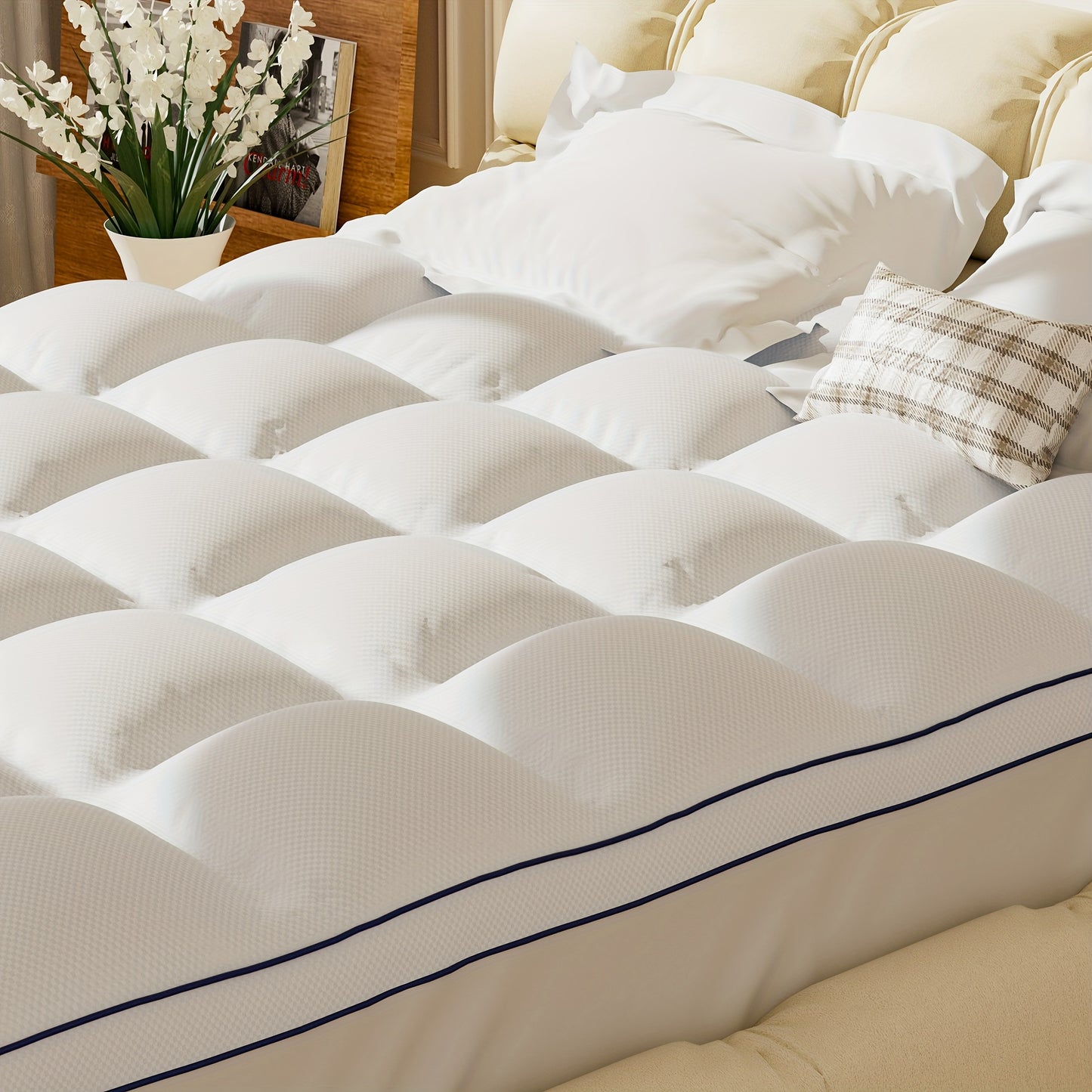 Mattress Topper With PU Waterproof Layer Of Waterproof Mattress Protector, Cooling Extra Thick Breathable Viscose Made From Bamboo Mattress Pad, Soft Quilted Fitted Mattress Cover With 1000 GSM Down Alternative Fill (8-21"Dee