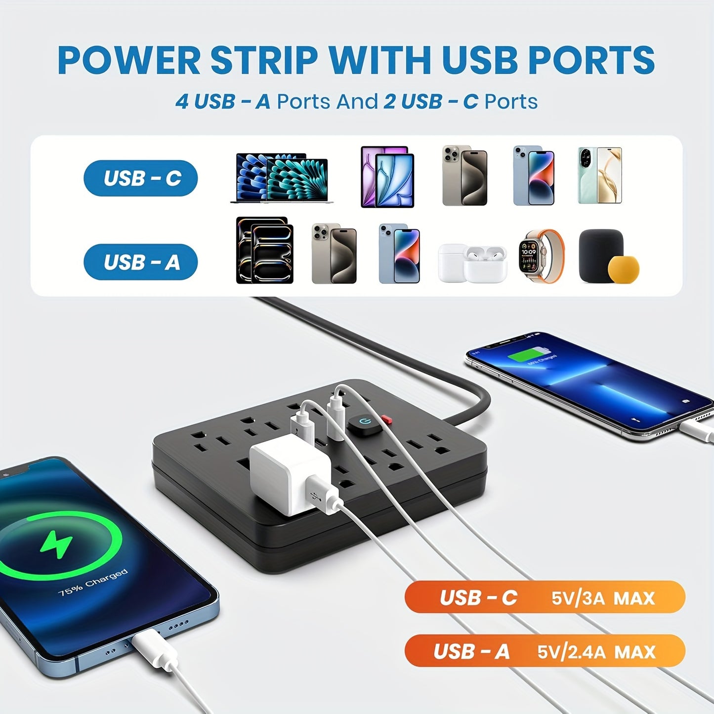 [Black Outlet Surge Protector] 14-in-1 Black Outlet with 8 Receptacles, 4 USB Ports, 2 USB-C Ports, 5/10ft Extension Cord, Flat Plug, Wall Mount, Overload Protection, Power Outlet Surge Protector - Ideal for Home and Office D